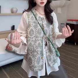 2026年大码国风新中式老钱风复古印花马甲女微胖mm百搭气质短外套