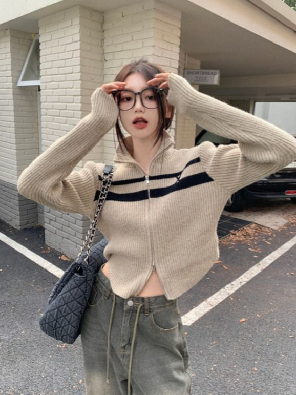 设计感复古撞色双拉链POLO领针织衫女秋冬季休闲显短款瘦毛衣开衫|undefined