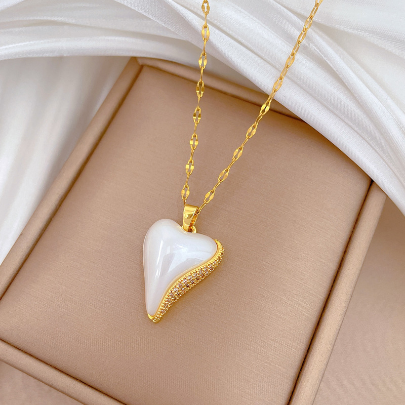 Collana elegante a cuore con perla e diamanti in acciaio_voghion.com