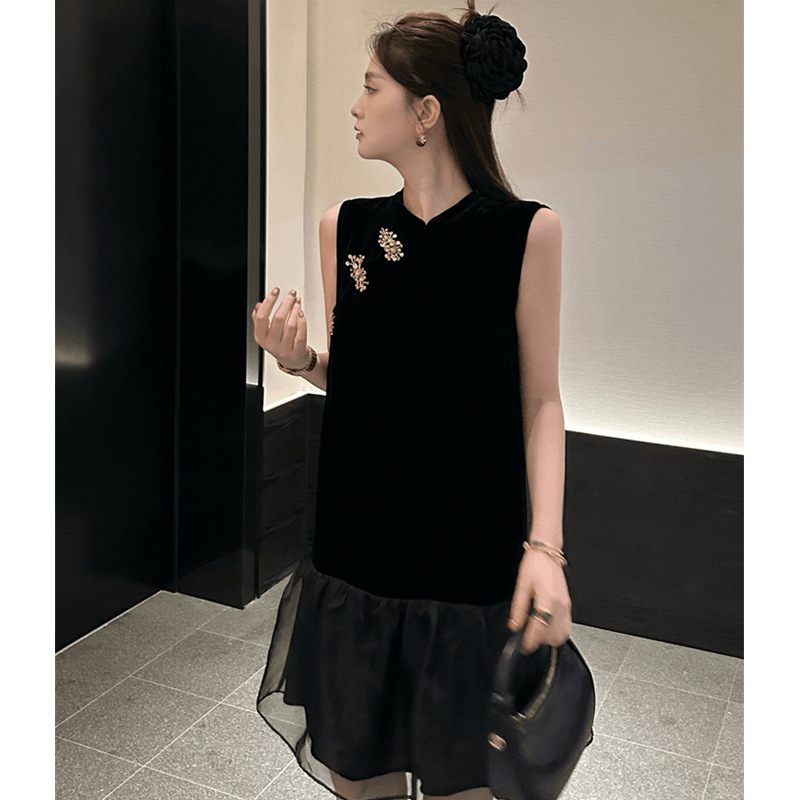 9866 New National Trend Beaded Velvet Patchwork Mesh National Style Short Sleeve Cheongsam Dress for Women, Summer New Skin-Friendly Slimming Dress