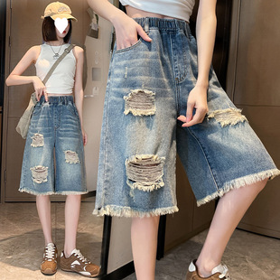 H2V [Wearable in 40-100kg]: Ripped Denim Shorts for Women, Wide-Legged, Loose, Tight, High-Waisted, Student Large Size