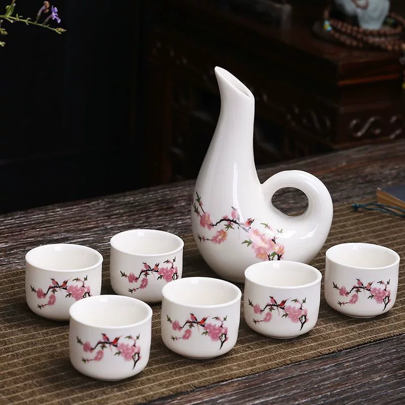 Ceramic wine set, wine decanter, shot glass, wineglass, pocket flask, 9 pieces