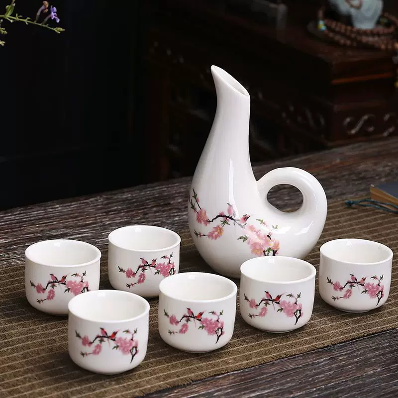 Ceramic wine set, wine decanter, shot glass, wineglass, pocket flask, 9 pieces