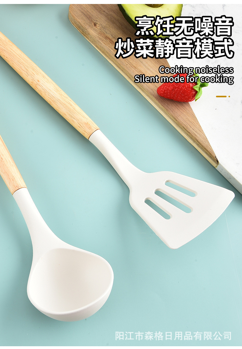 Beyaz Silikon Ahşap Saplı Mutfak Eşyaları Seti Gıda Seviyesi Yüksek Sıcaklık Dayanıklı İzolasyonlu Spatula Kepçe Çorba Kaşığı Yemek Maşası Saklama Kovası