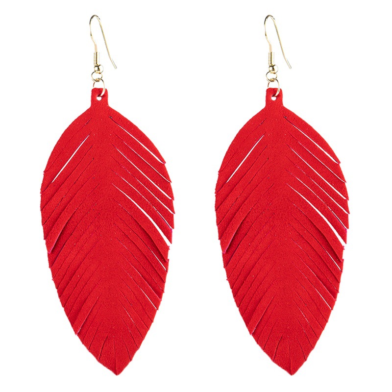 2021 cross-border hot sale leather earrings European and American popular exaggerated leaf-shaped tassel earrings