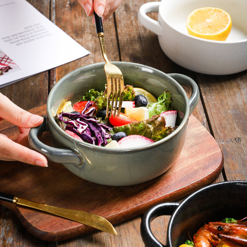 Japanese and Korean tableware ceramic double-ear bowl ramen salad bowl snail noodle soup bowl with lid instant noodle bowl wholesale