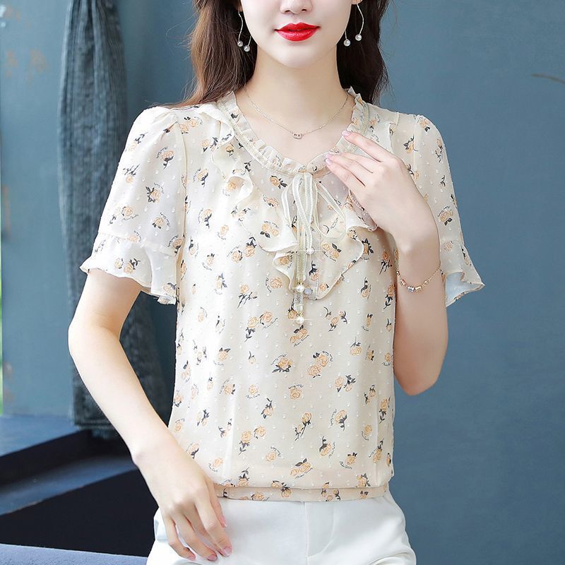 2025年新作夏の花柄シフォンシャツ、おしゃれで万能なママ向け半袖トップス、年齢を減らし、スリムでスタイリッシュなシャツ|undefined