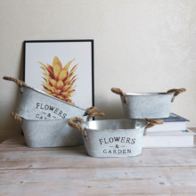 大号麻绳白色椭圆形铁艺多肉铁皮桶小铁桶绿植花盆桌面花器收纳盆