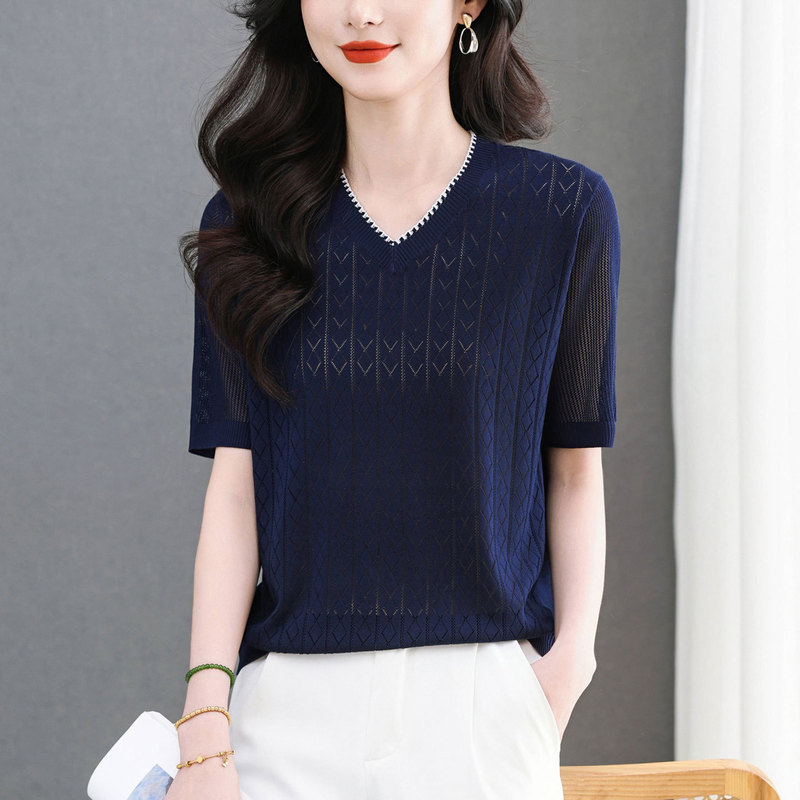 [Direct from Manufacturer] Summer Color-Block Ice Silk Short Sleeve Top V-Neck Lyocell Tencel Loose Knit T-Shirt for Women Trendy