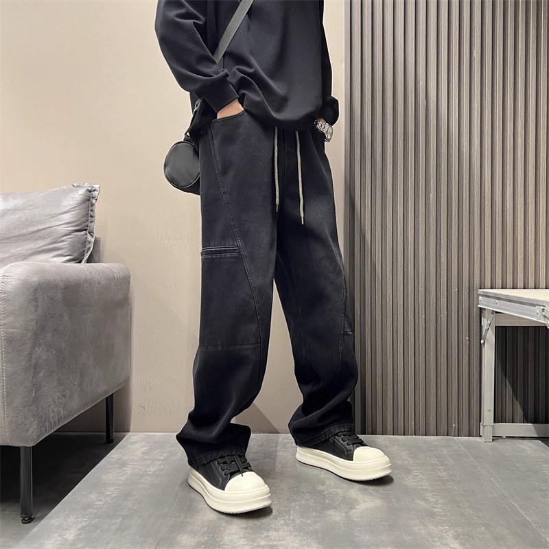 Men's Smoky Gray Washed Retro Straight Leg Jeans Style High Street Loose Fit Trendy Slimming Casual Slightly Flared Trousers_mkmklike.com