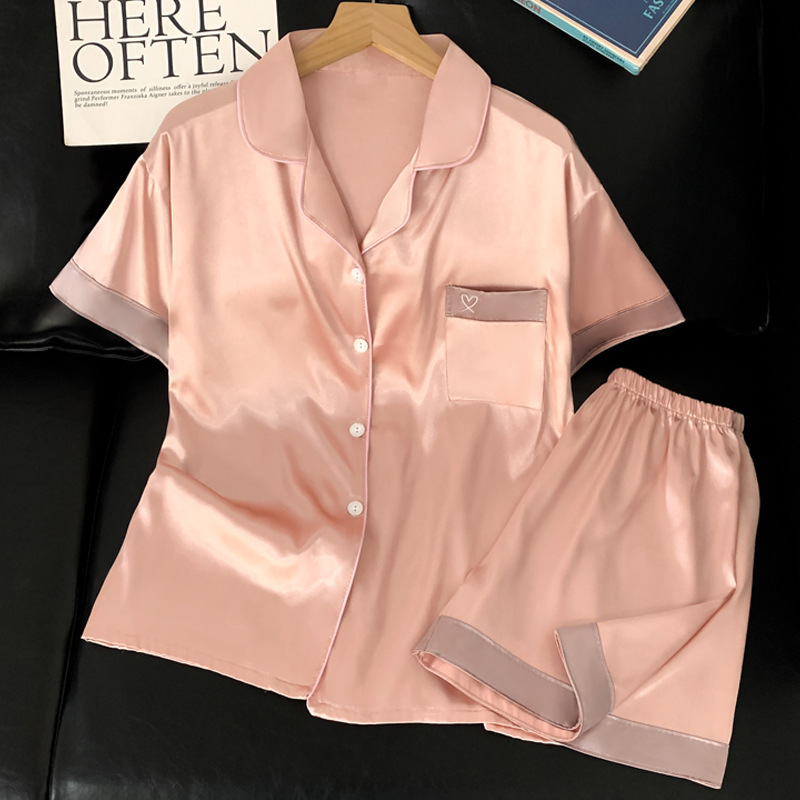 Ice silk pajamas women's summer short sleeve shorts new solid color high-end sweet temperament home clothes suit real shot wholesale