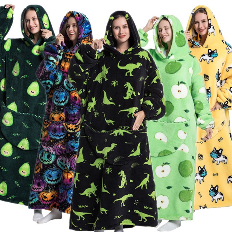 New Cross-Border Amazon Cold-Proof Clothing, Lazy Blanket, Hooded, Longed, Naked, Thickened, Women's Home Pajamas, Autumn and Winter Cute