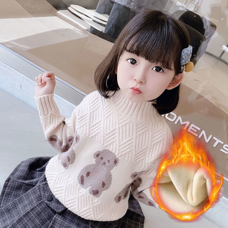 Girls' Thick Sweater, Autumn and Winter New Style, Stylish Pullover Sweater for Toddlers and Big Kids, Fleece Lined, Warm Baby Knitted Sweater