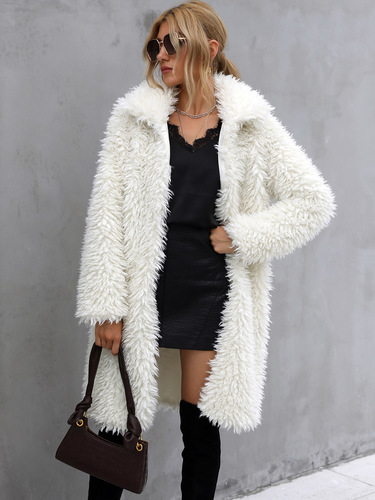 F0637 Cross-border Hot-selling In-Stock Women's Autumn/Winter Faux Fur Plush Lapel Warm Long Coat Jacket—EU & US Style