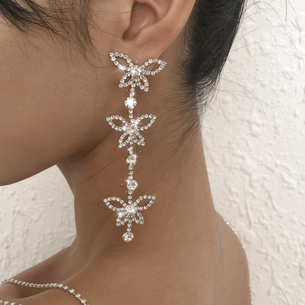 Fashion Full Diamond Long Butterfly Sparkling Earrings Wholesale Nihaojewelry display picture 2