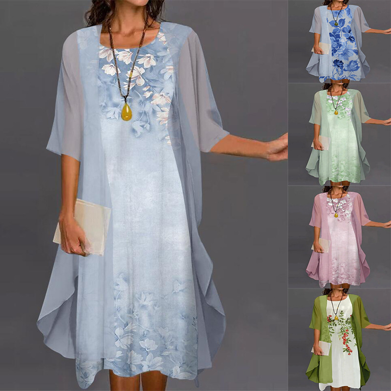 2024 European and American Amazon Summer Women's Casual Dress Two-piece Floral Print Round Neck Slim-fit Dress Women 2024 European and American Amazon Summer Women's Casual Dress Two-piece Floral Print Round Neck Slim-fit Dress Women