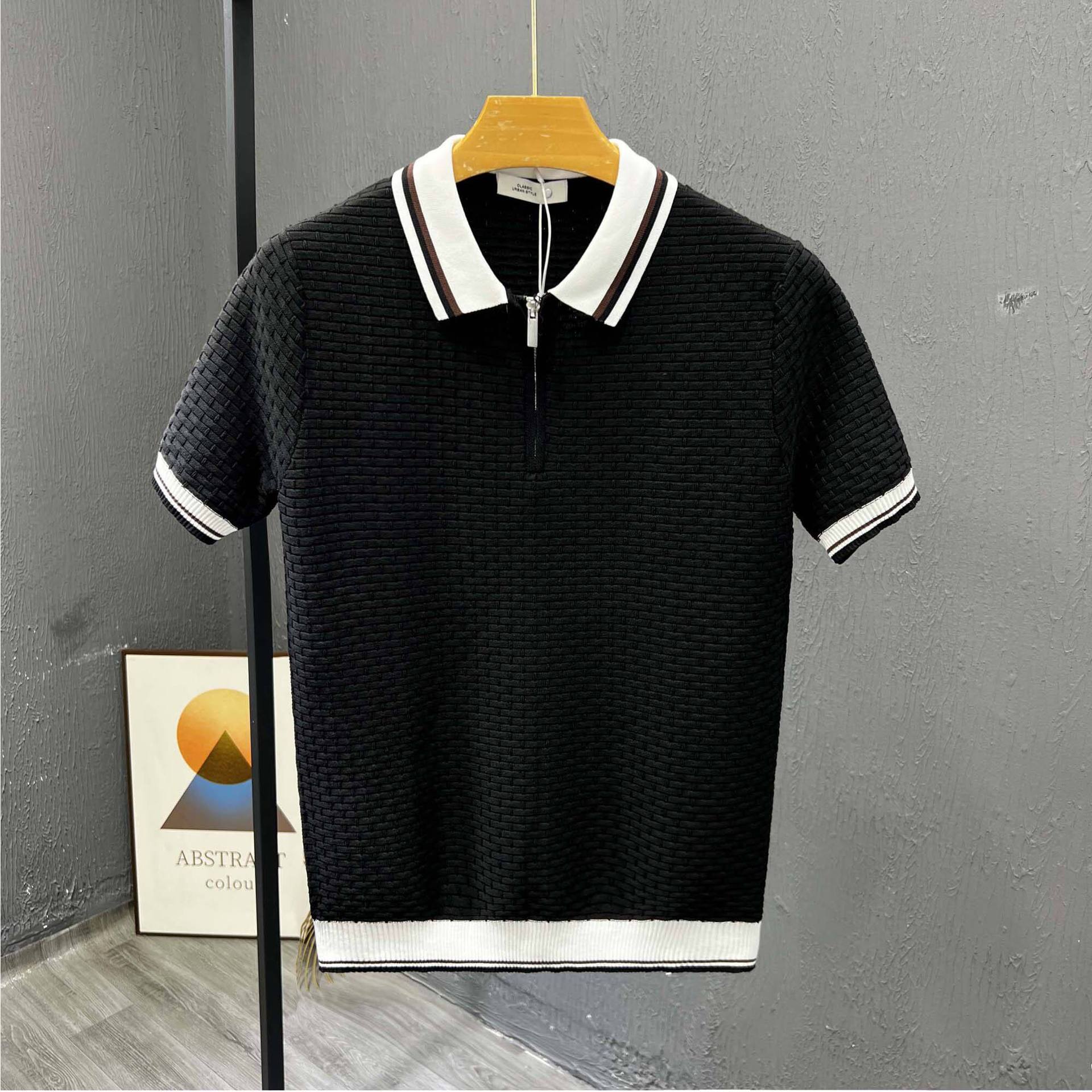 Polo camiseta de punto camiseta de manga corta hombre medio cremallera color retro camiseta casuales de verano fábrica transfronteriza al por mayor