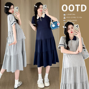 Pregnant women dress summer 2025 new navy blue lapel short sleeve loose fashion waist reduced-length women