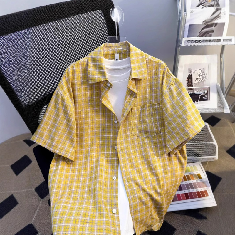American Retro Plaid Shirt Short-Sleeved Men's Summer Cleanfit Lazy Style Relaxed Lapel Half-Sleeved Shirt