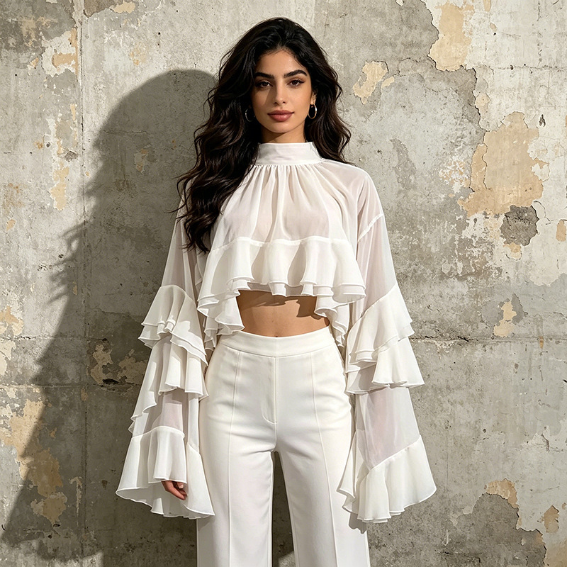 Cross-Border Thin Chiffon Shirt for Women 2026 New Fashion Casual Long-Sleeve Layered Ruffle Short Chiffon Top Cross-Border Thin Chiffon Shirt for Women 2026 New Fashion Casual Long-Sleeve Layered Ruffle Short Chiffon Top