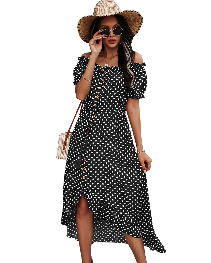 Ladies Vintage Maxi Polka Dot Print Summer Dress Women Casual Off Shoulder Sexy Button Long Women Beach Dress