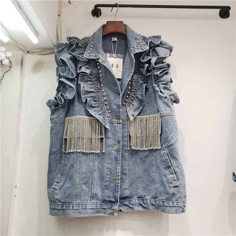 Estación Europea primavera y otoño mujer 2023 nuevo estilo coreano moda suelta Denim Chaleco con borla de diamantes que adelgaza el chaleco del todo fósforo