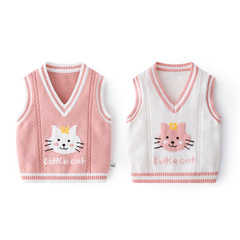 Embroidered cute cat girl baby vest simple A-class knitted girl child vest spring and autumn warm newborn baby vest