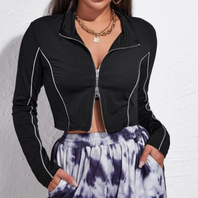 歐美外貿跨境新款長袖上衣22187P性感露肚臍反光芽條雙拉鏈上衣女