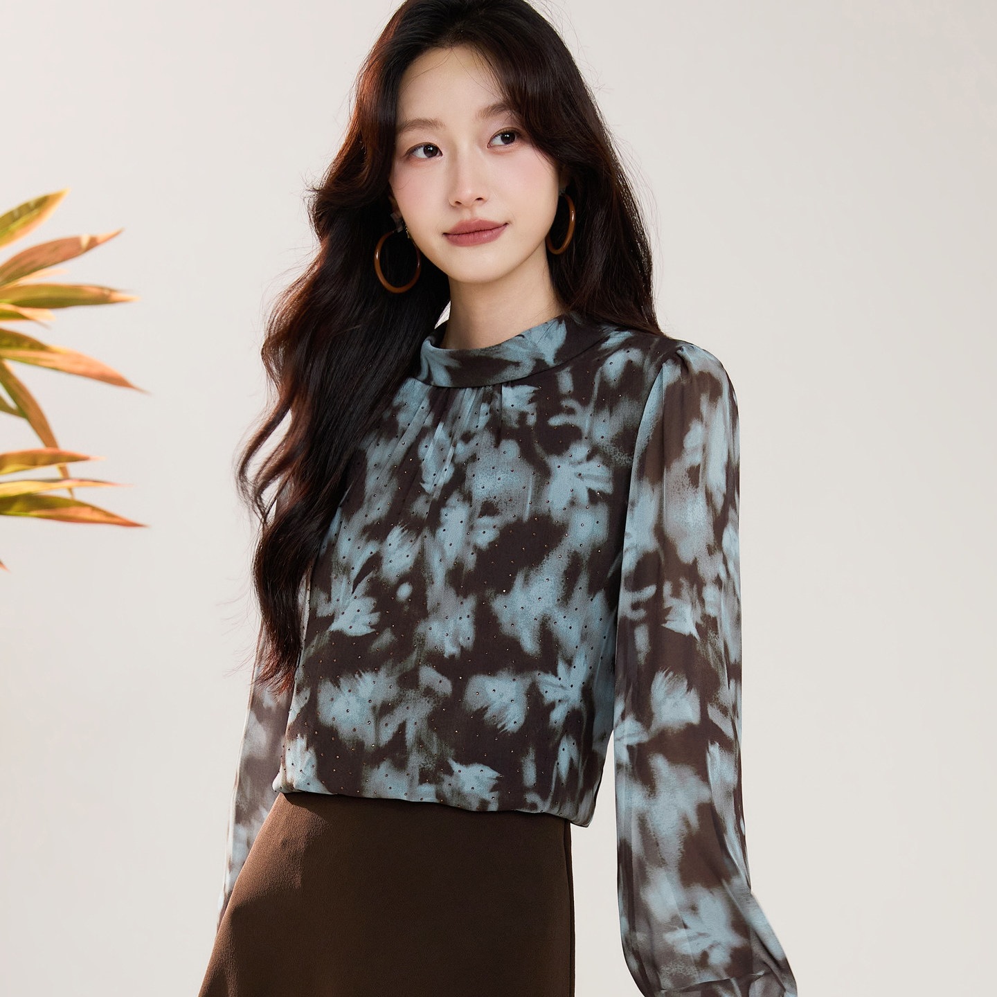 2026 Autumn New Style Stand Collar Printed Chiffon Blouse Women's Shirt Long Sleeve Youthful and Elegant Top 2960
