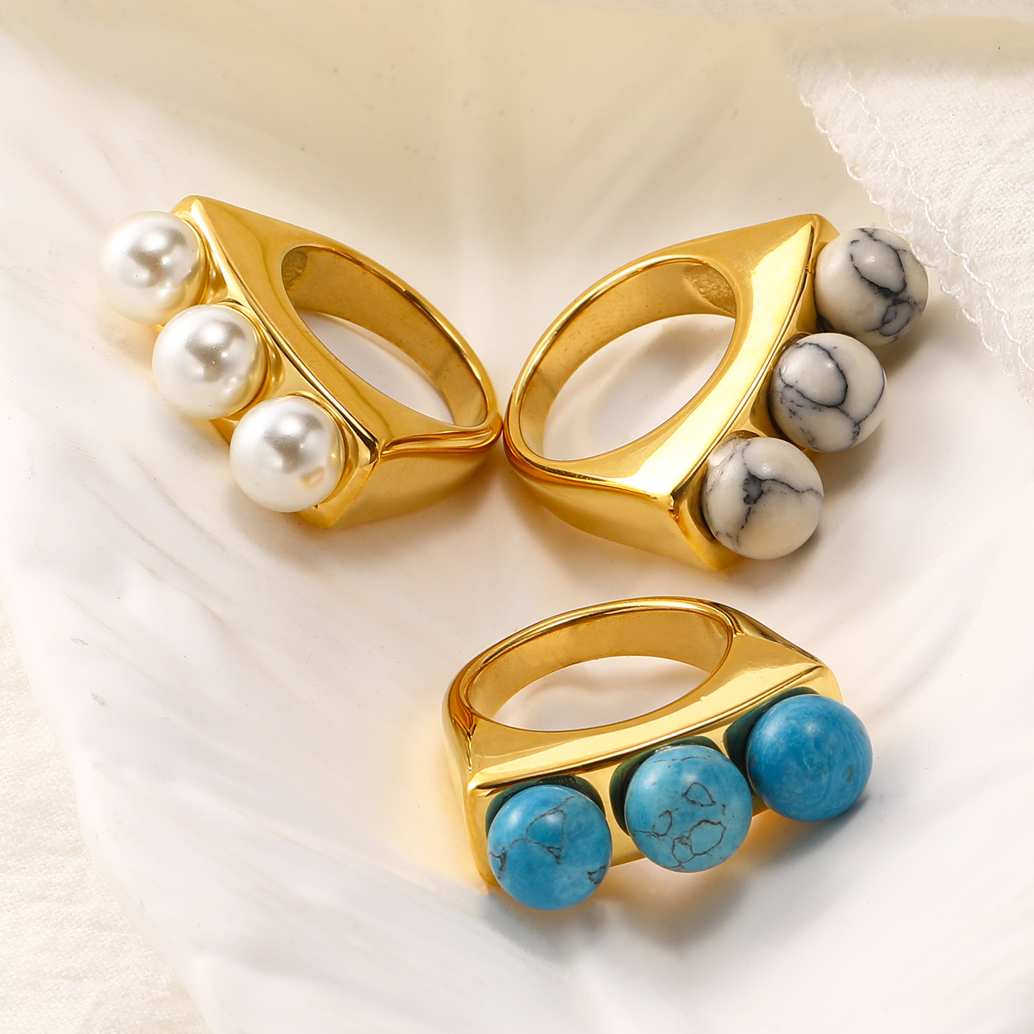13g Weight Artificial Pearls, December Birthstone Turquoise Inlay Material Rings Classification 1 Piece Quantity Banquet, Party Occasion Titanium Steel Material Geometric Pattern Women's Gender Plating, Inlay Design Elegant, Glam Style Titanium Steel Elegant Glam Geometric Plating Inlay Artificial Pearls Turquoise Rings 6