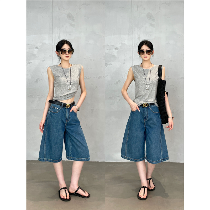 Trendy Retro 100% Cotton American-Style Vintage Washed Blue High-Waisted Straight-Leg Slimming Mid-Length Jeans for Women, New Summer Model