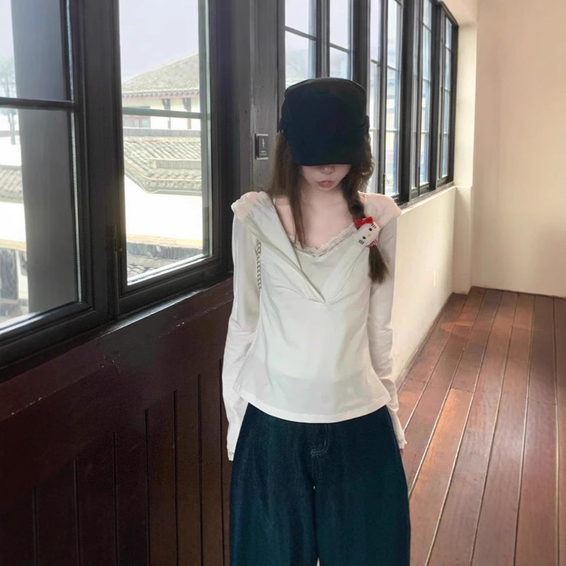 [Ready Stock in Our Own Factory] Slim Long-Sleeved T-Shirt for Women in Early Autumn Design Lace Fake Two-Piece Hooded Top
