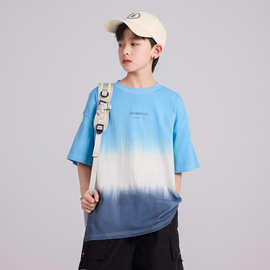 跨境男童夏季扎染撞色短袖2026新款韩版中大童宽松百搭上衣潮批发