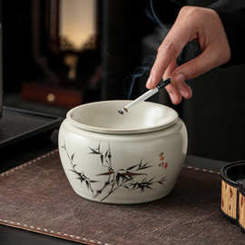 汝窑富竹多功能烟灰缸客厅禅意陶瓷建水家用茶洗茶渣功夫茶具配件