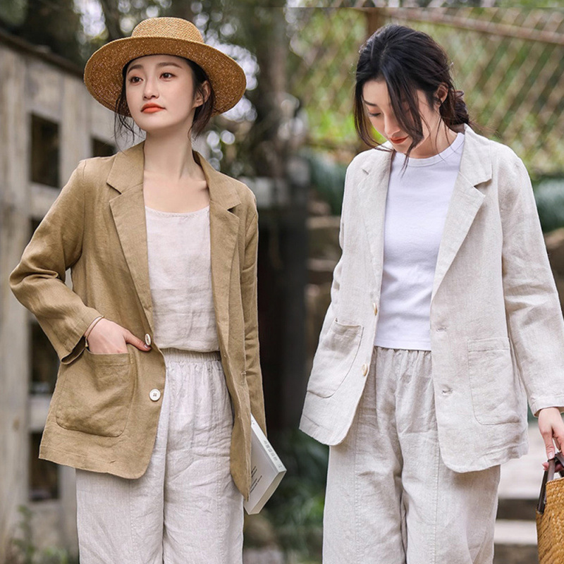 Cotton and Linen Single-Breasted Blazer for Women, 2026 Autumn New Style, Loose-Fitting Top, Artistic Chinese-Style Long-Sleeve Linen Suit