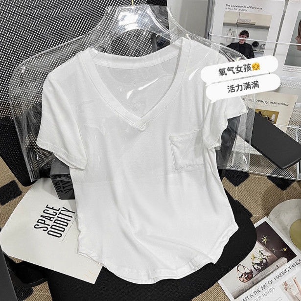 Verano delgado nuevo algodón de alta calidad camiseta de mangas cortas de cuello en V mujer ropa exterior suelta de moda irregular explosión de comercio exterior image 4