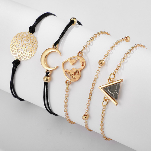 Factory-direct cross-border bracelet set: 5-piece ensemble featuring European and American-style triangular black turquoise alloy moon bracelets.