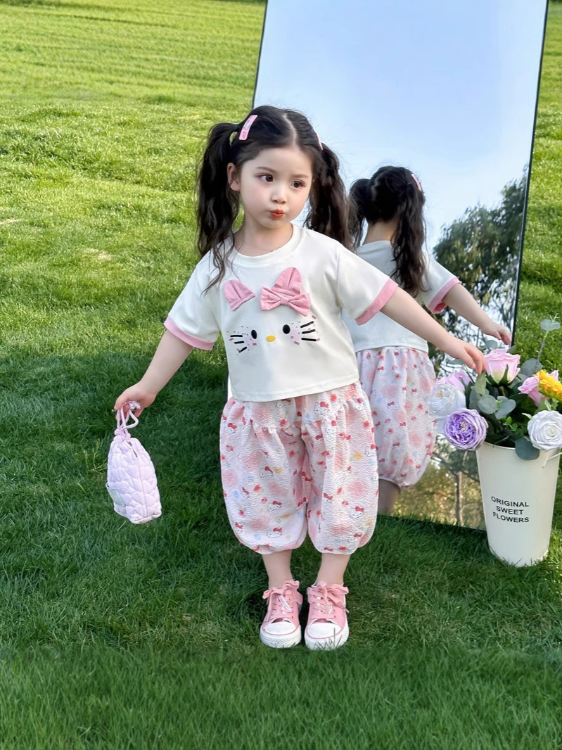 【48時間以内発送】新作おしゃれ女児用白半袖カジュアルツーピースセット 女の子用サマーセット