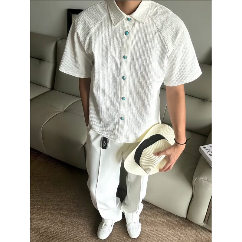 New Style Short-Sleeve Shirt for Men, Summer Thin Cleanfit Old Money Boxy Turquoise Textured Pleated Loose Shirt Trendy