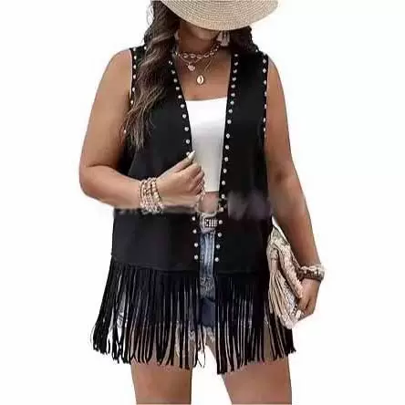 2025亚马逊欧美跨境女式无袖流苏夹克舒适夹克外套可定制马甲