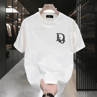 2025 Summer New High-End Pure Cotton Men's Trendy Casual Round Neck Short-Sleeved T-Shirt Accessible Luxury Heavy Half-Sleeved Top