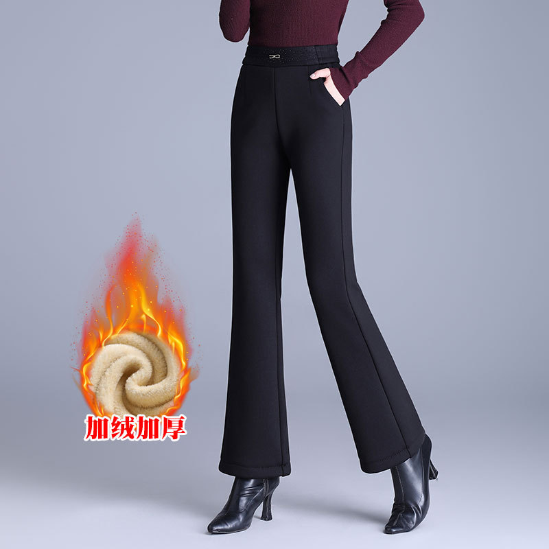 品牌专柜休闲裤冬季新款加绒加厚女长裤复合考拉绒弹力休闲微喇裤