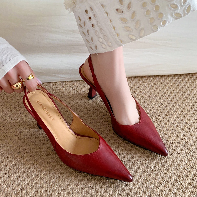 Sandal quai ngang mũi nhọn gót cao bít mũi hở gót Hàn Quốc — Màu đỏ rượu, Màu trắng be, Màu mơ