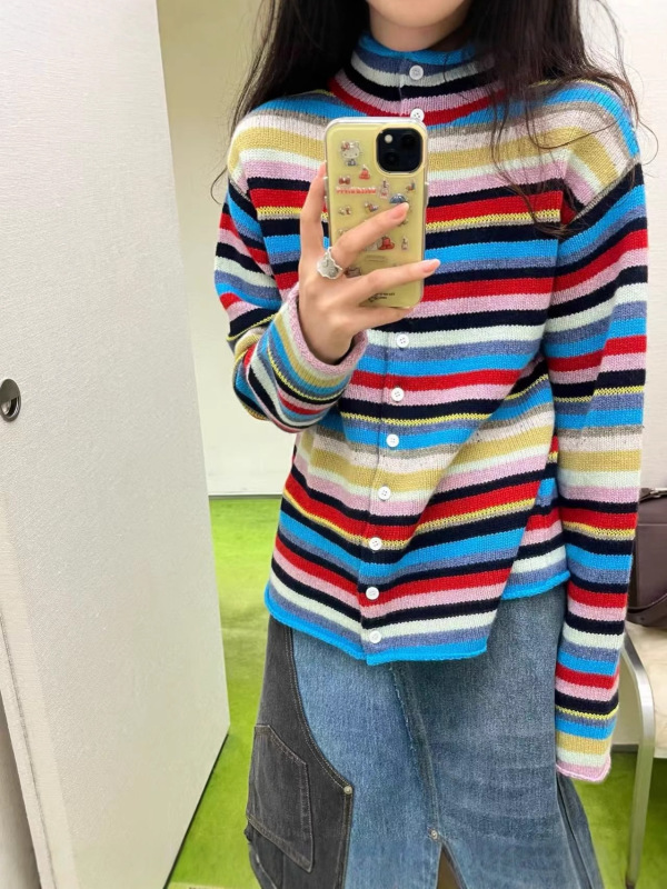 short短句新品 25秋冬季彩色撞色条纹百搭针织衫开衫马甲背心上衣|undefined