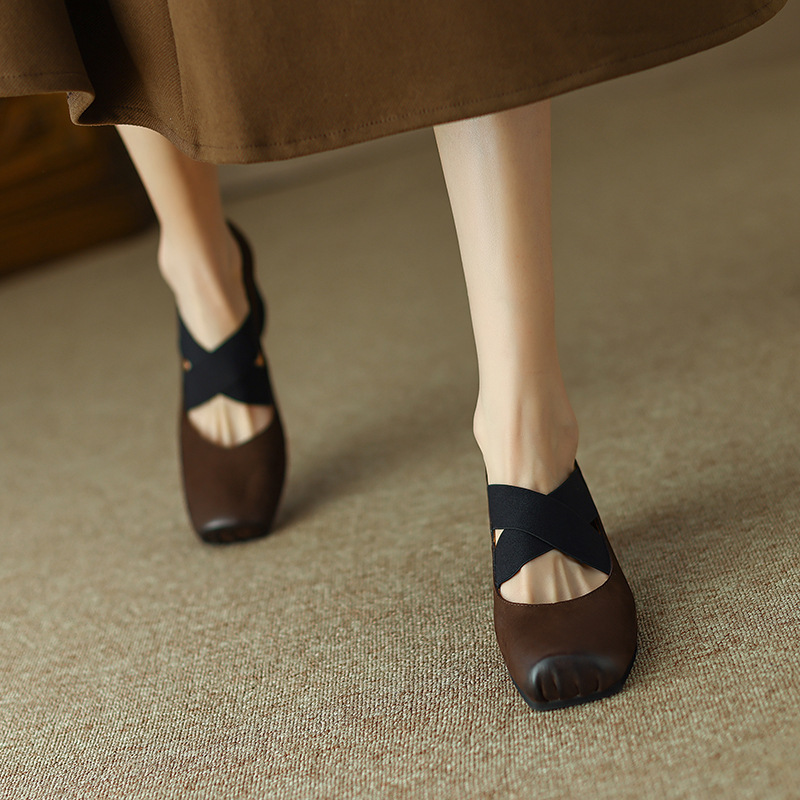 The treasure of the town shop ~! vintage Niche Handmade Mid-Heeled Ballet Shoes Square Toe Cross Strap Mary Jane Shoes