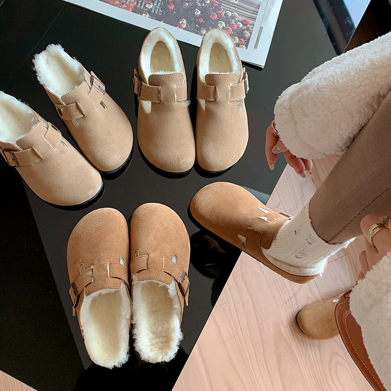 Retro Heightening Birkenstock Shoes Genuine Leather Baby Toe Comfortable Thick-soled Cork Wool Toe-cap Half Slippers for Women to Wear Outside