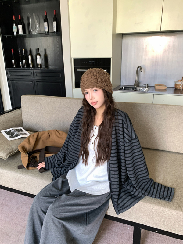 2025新款慵懒风条纹长袖外套女装秋季复古盐系宽松单排扣开衫上衣|undefined