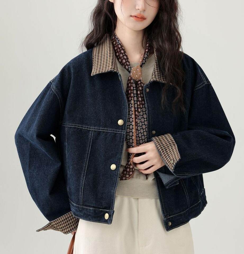 Áo khoác denim nữ ngắn phối caro cổ ve áo tay dài — màu xanh (chất lượng cao) chi tiết 7