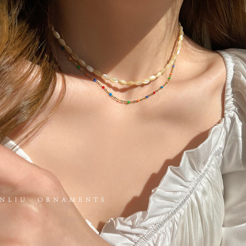 Layered Double Wearing Oil Mother-of-Pearl Necklace Korean Style Fashion Jade Color Chain Clavicle Chain Rice Bead String Necklace for Women