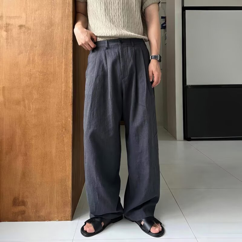 レイジースタイルの男性用コットンとリネンのワークパンツ、リラックスしたルーズストレート日焼け止めパンツ、リネン通気性のあるカジュアルスーツパンツ|undefined